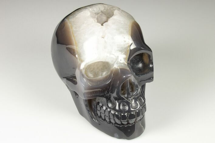 Polished Banded Agate Skull with Quartz Crystal Pocket #190468